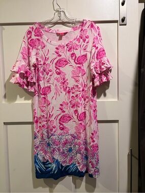 Lilly Pulitzer Pink Floral Ruffle-Sleeve Shift Dress with Blue Hem
